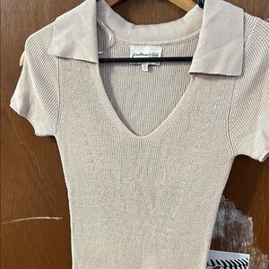 Freshman Beige Ribbed V-Neck Blouse